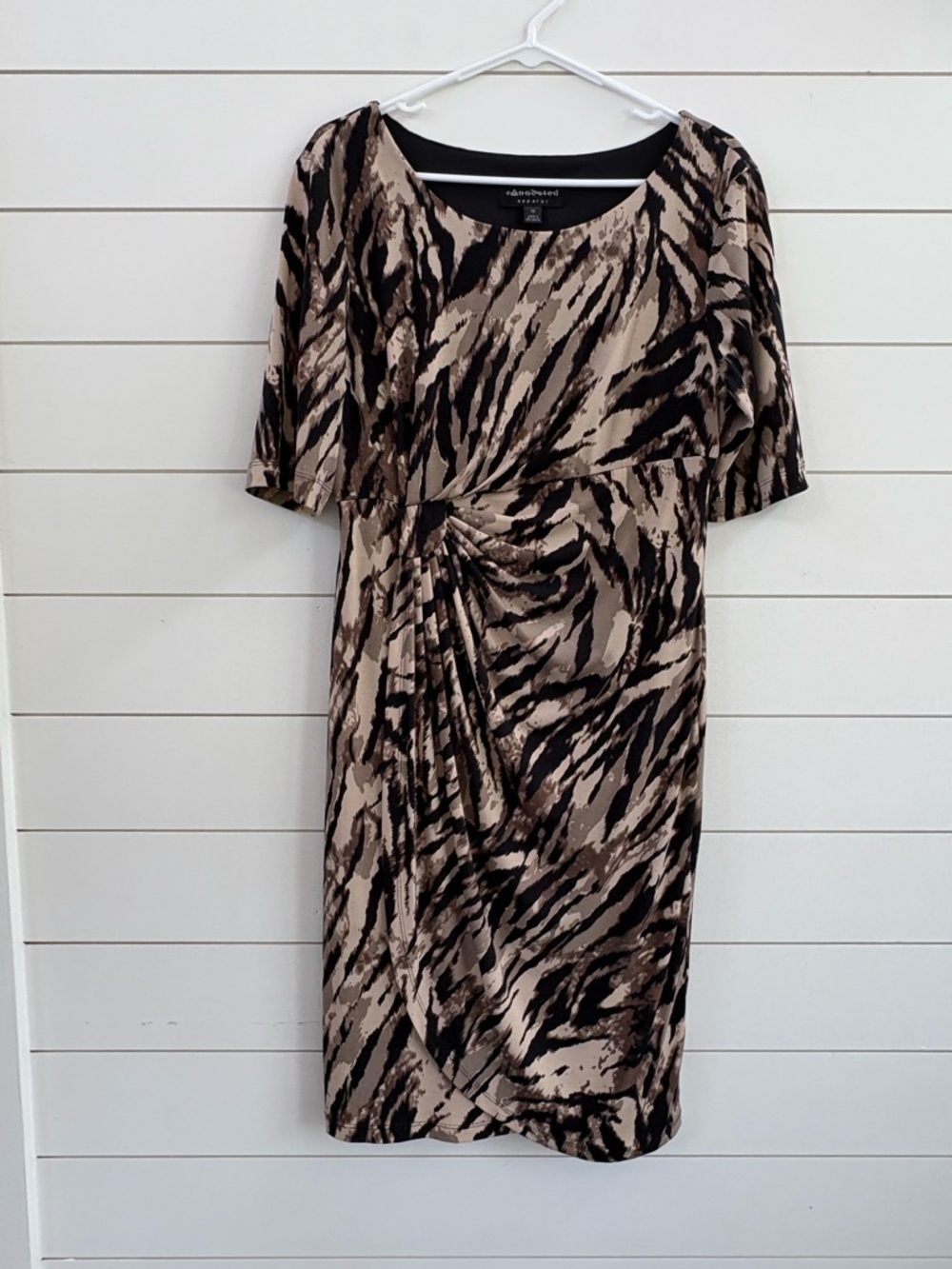 connected apparel Black and Tan Animal-Print Midi Dress with Twist Detail